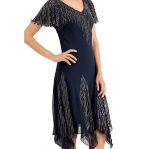 JKARA sz 8 M blue embellished beaded handkerchief midi party dress NEW B19